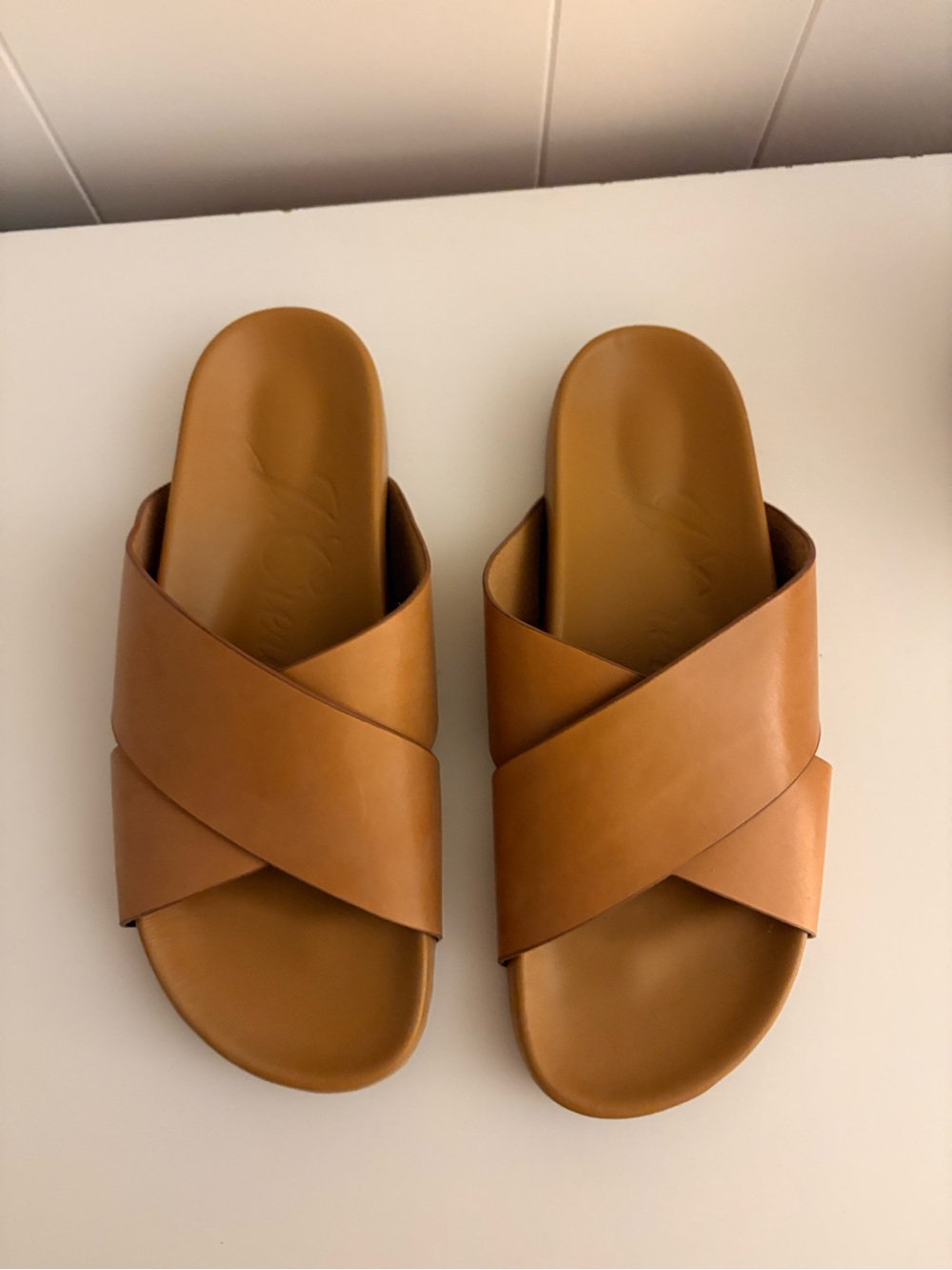 J. Crew Leather Cross-Band Slide Sandals in Tan Brown